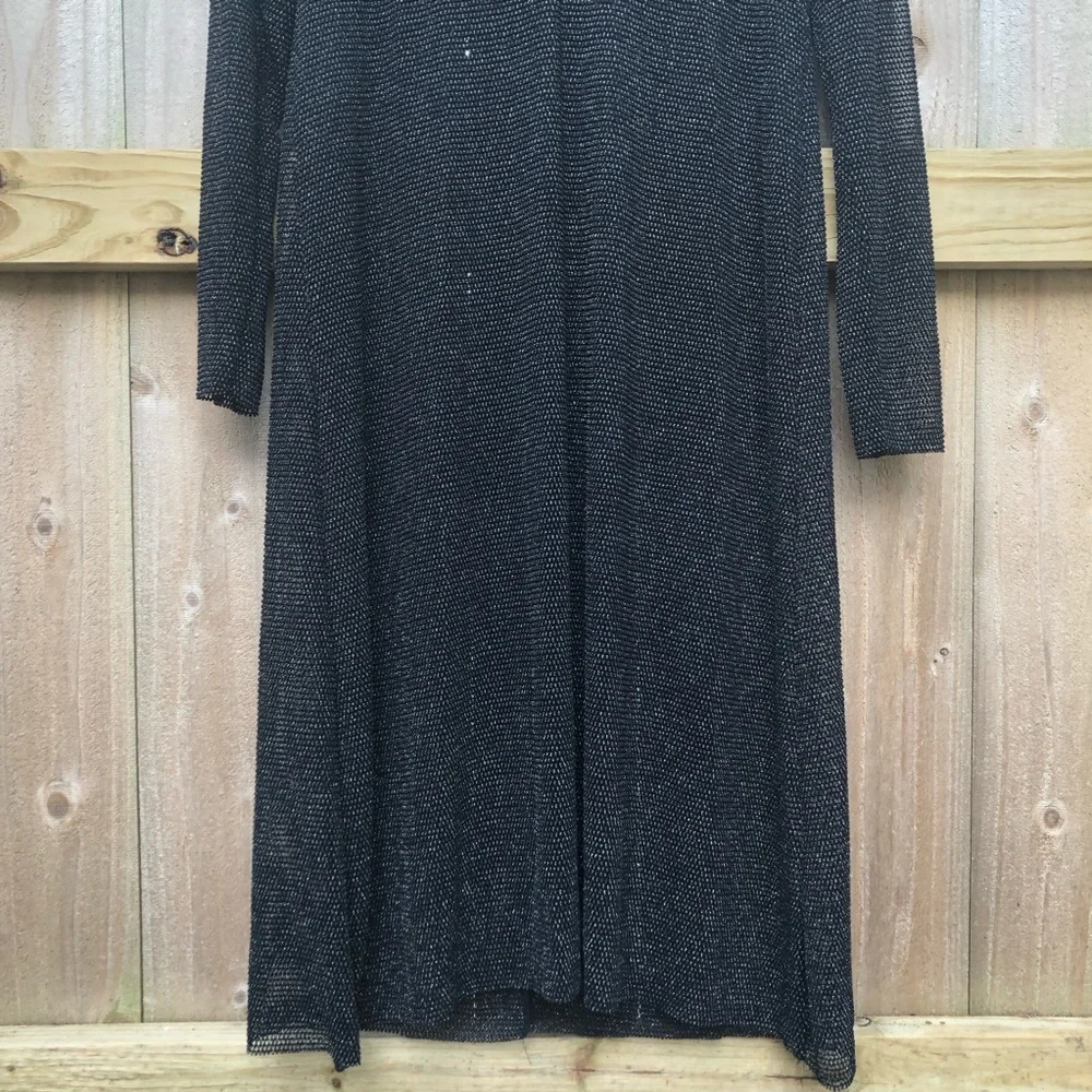 Zara Black Mesh Midi Dress Size L Long Sleeve Metallic Swim Cover V-neck Stretch - Picture 3 of 10